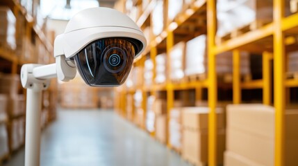 A security camera is mounted in a warehouse, overlooking boxes stored on shelves, ensuring safety and monitoring of the area.