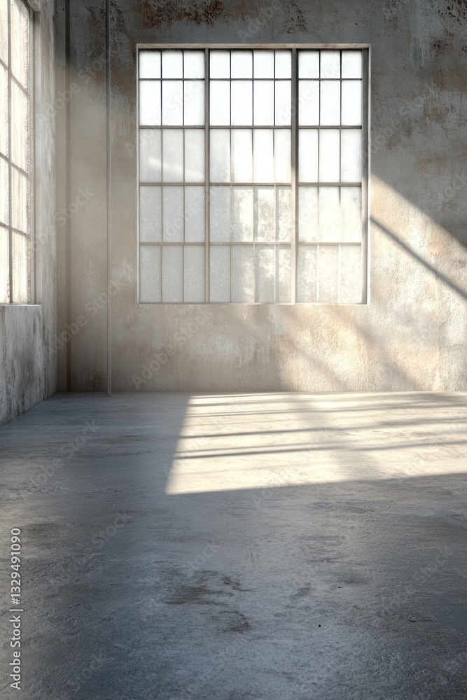 Poster sunlight streaming through large windows in an empty, industrial-style room with textured walls and 