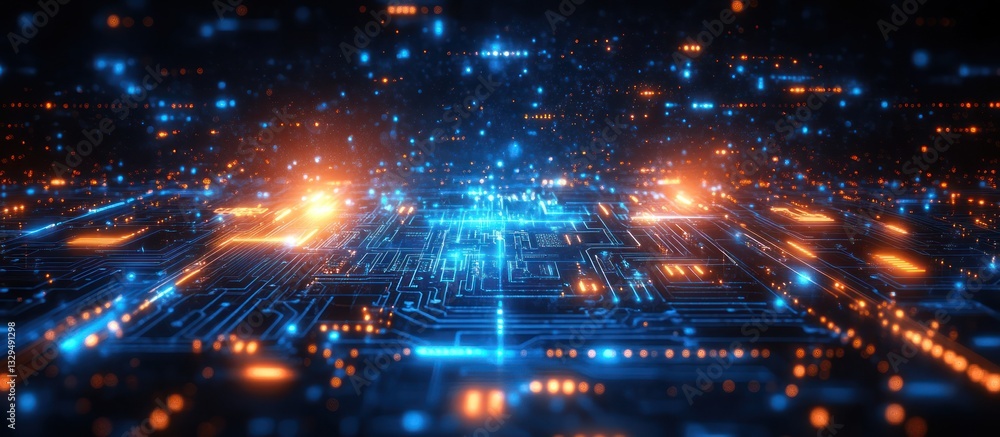 Aufkleber futuristic digital circuit board with glowing lines and particles.