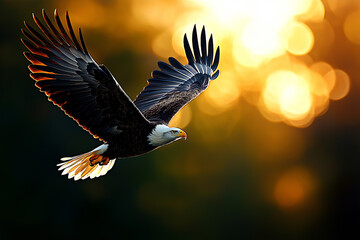 Obraz premium Bald eagle soaring gracefully in sky, showcasing its majestic wings and sharp features against warm, glowing background. symbol of freedom and strength