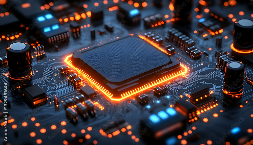 Poster close-up of a glowing central processing unit on a circuit board. intricate details and warm light a