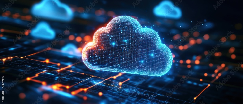 Poster a digital cloud symbolizing data storage and connectivity amidst a vibrant network of glowing circui