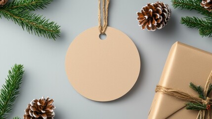 A blank gift tag surrounded by pine branches and pine cones, resting beside a beautifully wrapped present tied with twine.