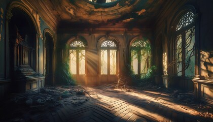 Obraz premium An abandoned, crumbling mansion where shadows create eerie patterns on the walls, evoking a mysterious and haunting atmosphere. 