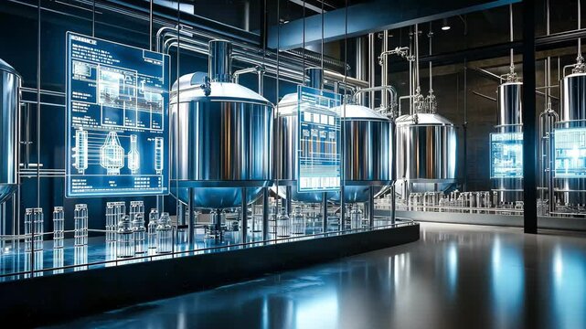A whiskey distillery featuring a modern digital fermentation process. Large transparent tanks and pipes for the distillation whiskey process. Whiskey making with advanced technology