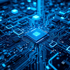 Blue background of a printed circuit board (PCB). Electronic circuit board with processor. Background for business related to technology. 