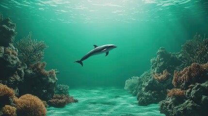 Fototapeta premium Playful dolphins swimming alongside a school of fish, dynamic interaction, green screen background