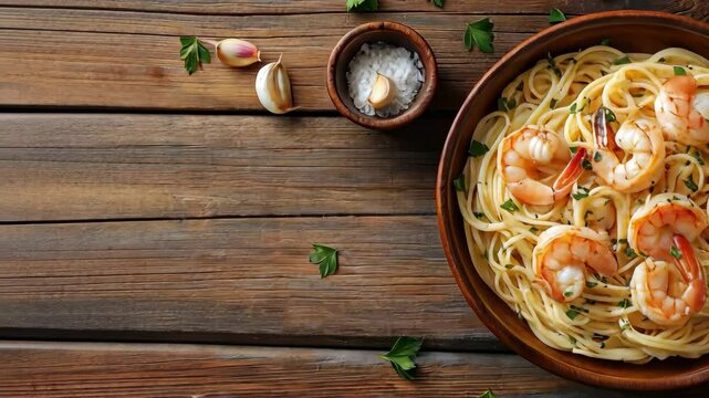Pasta on a wooden table with grilled prawns, garlic and parsley