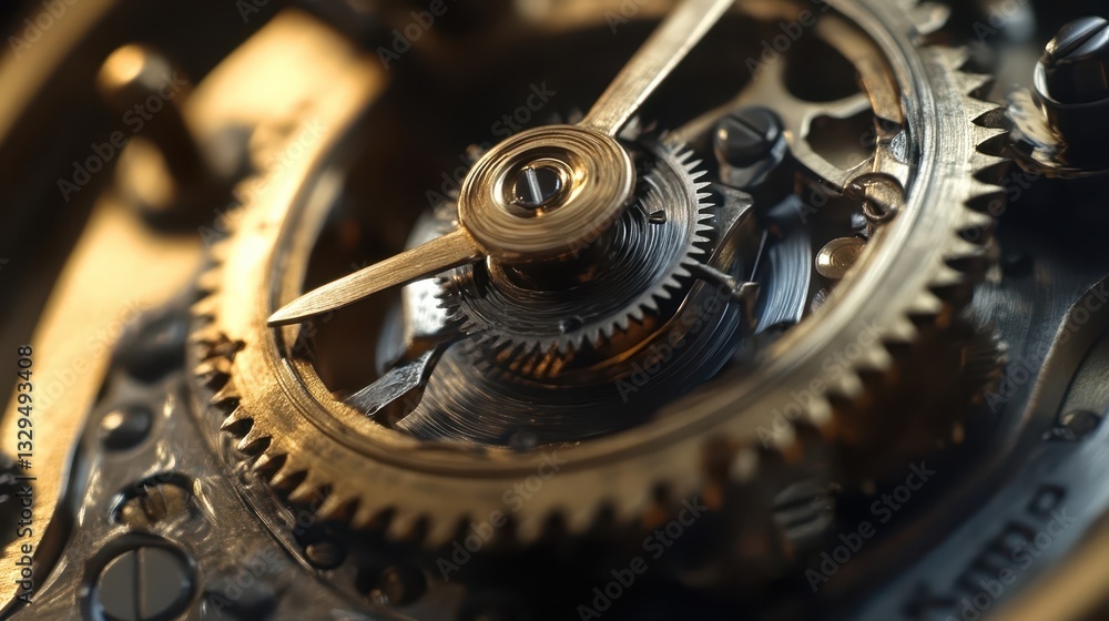 Poster close up of a complex mechanical clock movement system