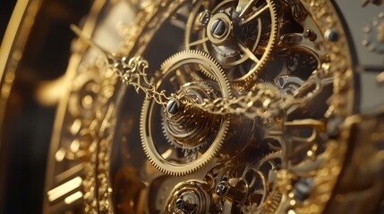 Close up view of a detailed golden clock mechanism