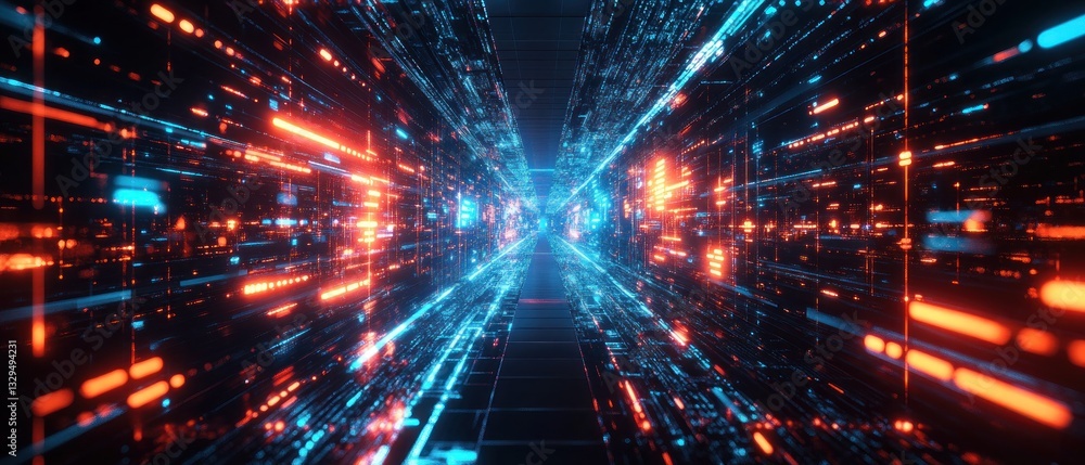 Aufkleber futuristic digital tunnel with vibrant blue and red lights, creating a sense of speed and technology