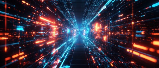 Obraz premium Futuristic digital tunnel with vibrant blue and red lights, creating a sense of speed and technology in a virtual space