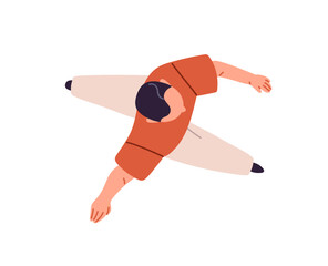 Seen above head busy person goes fast, hurry up to work in office. Business man walks, strolls top view. Employee rushing, runs, moves overhead. Flat isolated vector illustration on white background