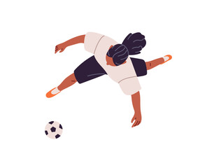 Sports woman runs, rushing to goal ball top view. Sportswoman plays football overhead. Seen above head soccer player training for competitions. Flat isolated vector illustration on white background