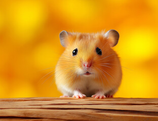 Fototapeta premium Cute hamster with orange fur on wooden surface, bright background