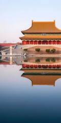 Obraz premium Forbidden City Reflected in a Tranquil Pond in Beijing, China with the Palace s Majestic Architecture