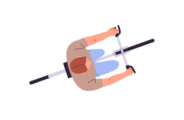 Bicyclist does sport, cycling top view. Seen above head cyclist ride a bike outdoors. Overhead of sportsman training, walking with bicycle. Flat isolated vector illustration white background