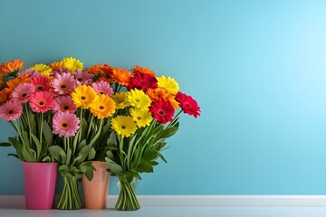 Obraz premium Many spring flowers in front of an empty pastel-colored photo studio wall