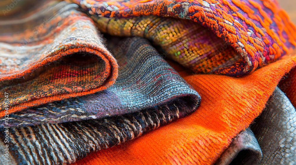 Poster vibrant and colorful pile of knitted textiles arranged on a table showcasing a variety of patterns a