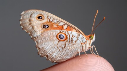 A beautiful butterfly resting gently on a persons fingertip gracefully