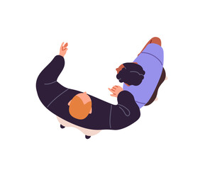 People stand, communicate outdoors top view. Happy men converse, hand gesturing from above head side. Friends meeting, talk, spend time together. Flat isolated vector illustration on white background