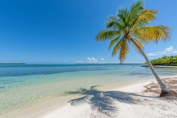 Palm tree is on a beach with a clear blue sky