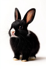 Cute standing rabbit with black fur and white markings on white background, showcasing its playful and curious nature