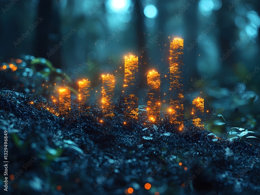 Poster symbolic glowing bar graph representing environmental growth metrics through forest imagery