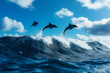 Naklejka premium Dolphins leaping out of water on top of ocean waves, showcasing their playful nature against bright blue sky. scene captures beauty of marine life and ocean energy