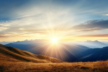 Obraz premium The sun is shining brightly on a mountain range, creating a warm