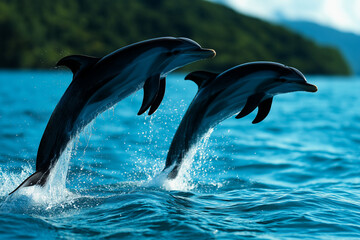 Obraz premium Dolphins leaping over waves, showcasing their agility and grace in ocean. vibrant blue water and lush background enhance beauty of these playful marine mammals