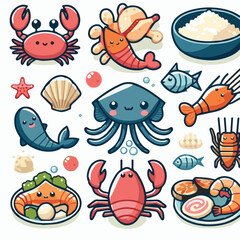 seafood, fish, food, illustration, vector, restaurant, menu, sea, dinner, vintage, fresh, sketch, ocean, design, retro, meal, lunch, background, ink, shrimp, drawing, market, graphic, lobster, marine,