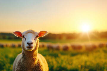 Fototapeta premium sheep stands in lush green field during sunset, with warm glow illuminating scene. tranquil atmosphere captures essence of rural life