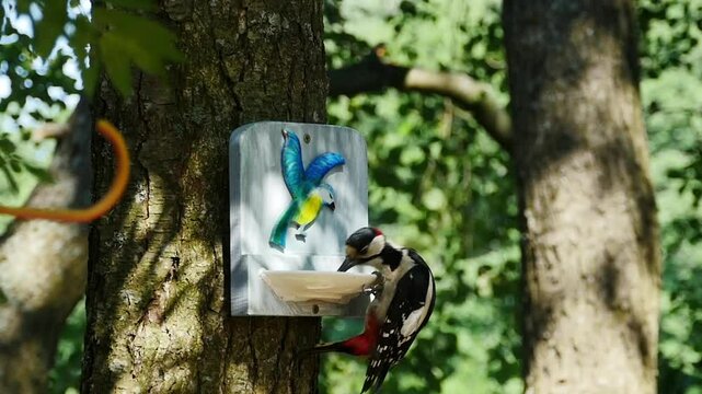 woodpecker sorts seeds from a feeder, chooses suit