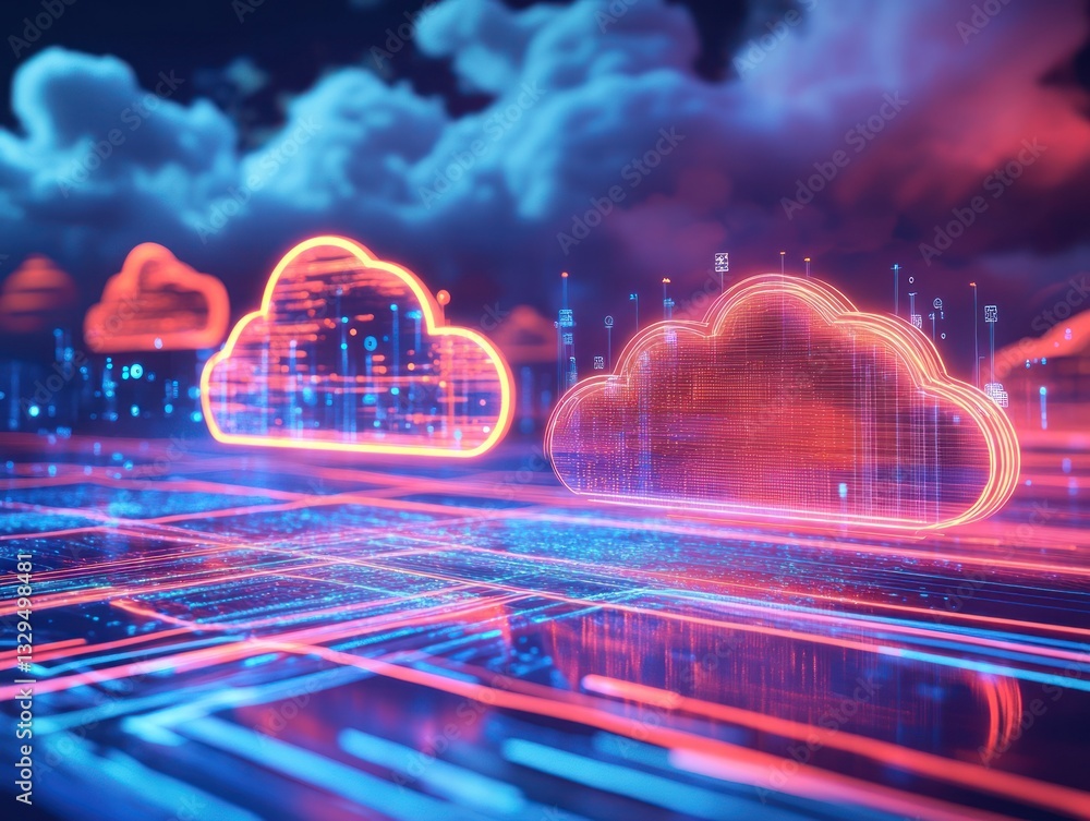 Poster digital clouds with neon lights and data flow