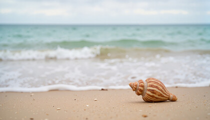 Intricate seashell resting on sandy beach, tropical tranquility