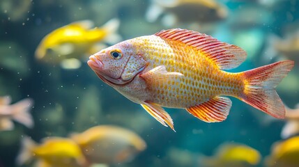 Obraz premium Feeding time in a red tilapia cultivation pond, close-up of fish gathering at the surface, bright colors and active splashes highlighted