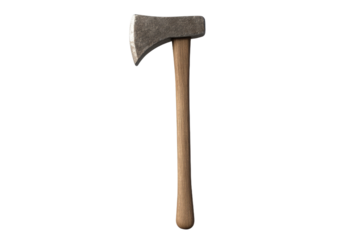 Wooden axe with a wooden handle is shown on a white background, isolated