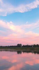 Obraz premium Serene Pastel Sky with Soft Pink and Blue Clouds Over a Calm River at Sunrise