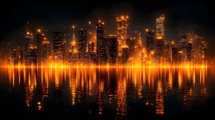 Glowing Skyscraper Skyline Reflecting on Water Symbolizing Urban Economic Growth and Development