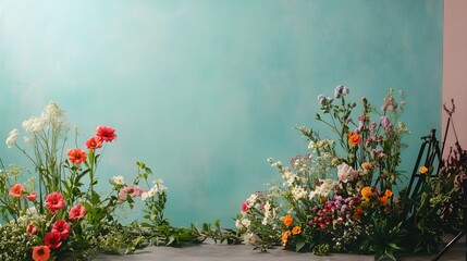 Many spring flowers in front of an empty pastel-colored photo studio wall