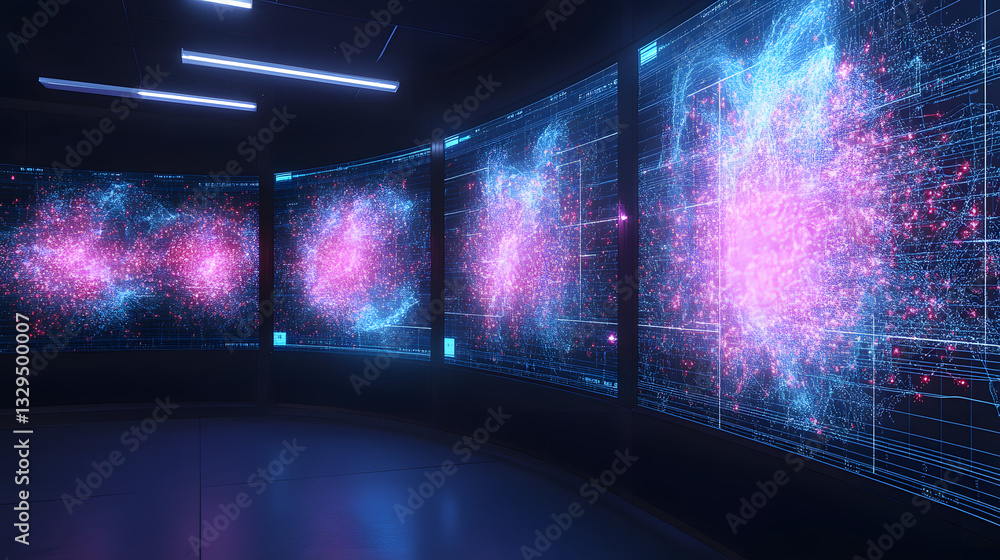 Poster dynamic visualization of complex data presented on a computer screen with blue and pink color scheme