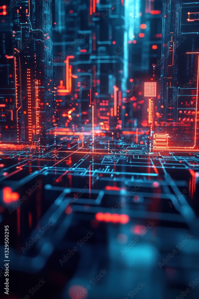 Poster futuristic digital landscape showcasing vibrant neon circuitry and glowing data streams, creating an