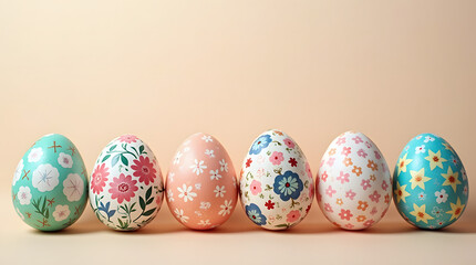 Fototapeta premium Vibrant Decorative Easter Eggs with Floral Patterns on a Soft Background, Perfect for Spring Celebrations and Easter Decor Inspiration
