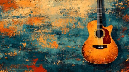 Acoustic guitar leans against textured wall; music, art, design, background