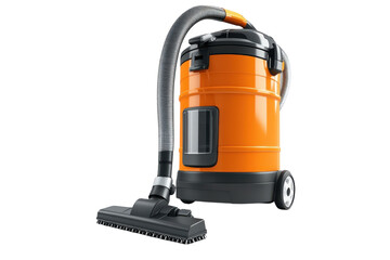 Naklejka premium A Vibrant Orange Canister Vacuum Cleaner Ready For A Thorough Clean, Showcasing Its Powerful Suction And Sleek Design Against A Bright Isolated on Transparent Background