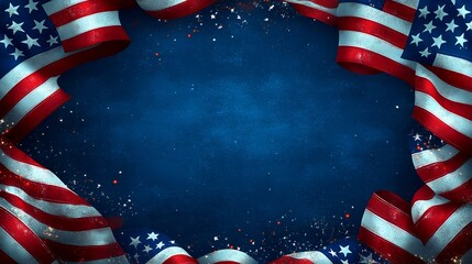 American flags frame, patriotic celebration, dark blue background, space for text, ideal for holidays