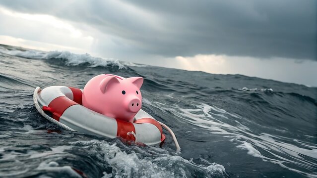 Pink Piggy Bank on a Life Preserver in Turbulent Waters: Financial Instability Concept