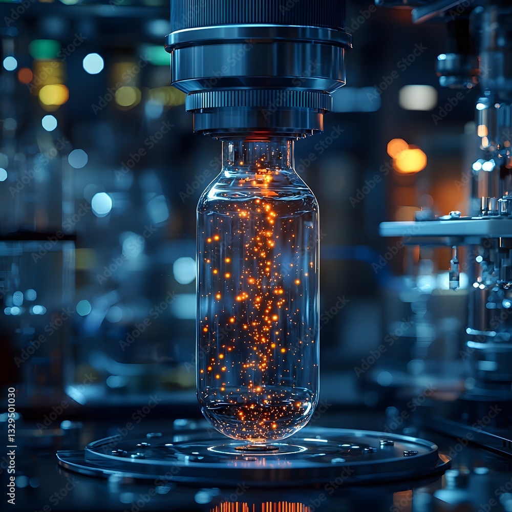 Poster glowing scatter plot visualizing breakthrough scientific discovery in lab environment
