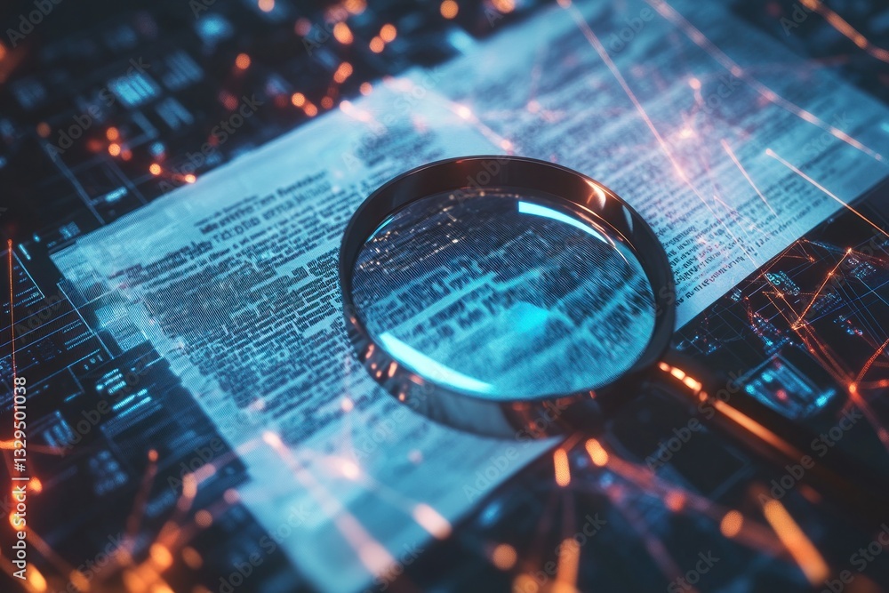 Poster a close-up view of a magnifying glass over text documents on a digital background, highlighting deta